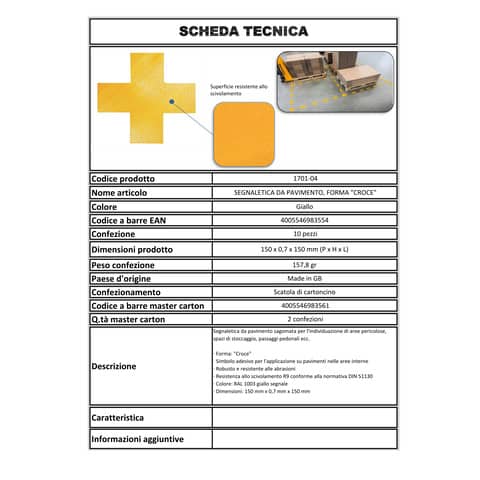 Segnaletica da pavimento forma ''croce'' DURABLE RAL 1003 giallo 15x15 cm Conf. 10 pezzi - 170104
